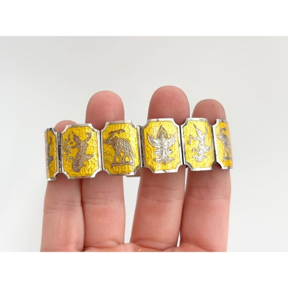 Guillioche Yellow Siam Sterling Silver Paneled Thai 1930's 925 Vintage Bracelet - Picture 14 of 16